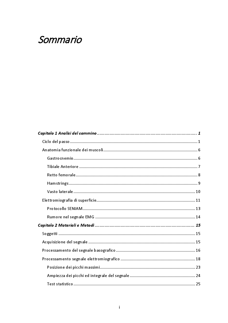 Indice della tesi: La simmetria nel cammino valutata con il segnale elettromiografico, Pagina 1