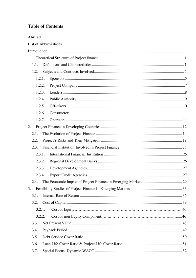 Indice della tesi: Project Finance in Emerging Markets: a Case Study, Pagina 1