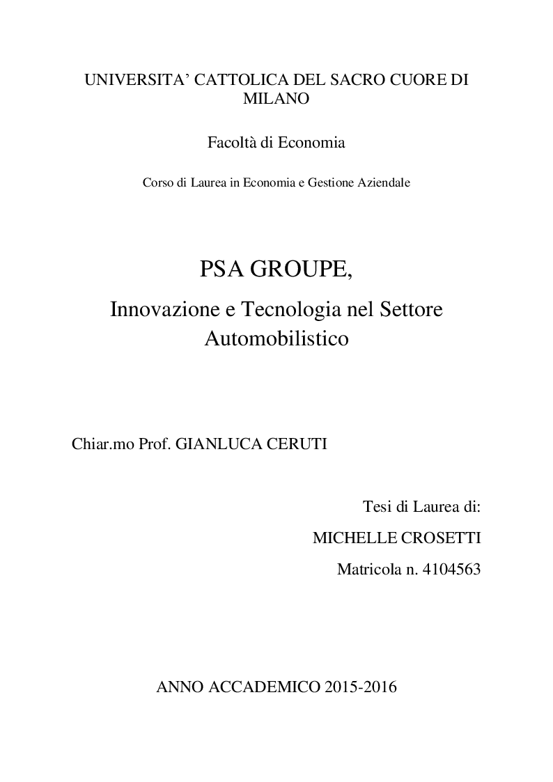 Anteprima della tesi: PSA GROUPE, Innovazione e Tecnologia nel Settore Automobilistico, Pagina 1