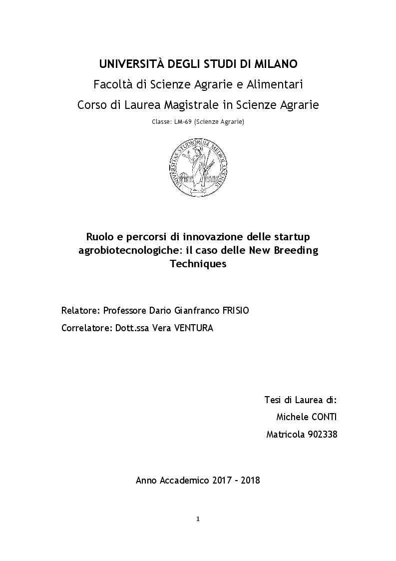 Anteprima della tesi: Ruolo e percorsi di innovazione delle startup agrobiotecnologiche: il caso delle New Breeding Techniques, Pagina 1