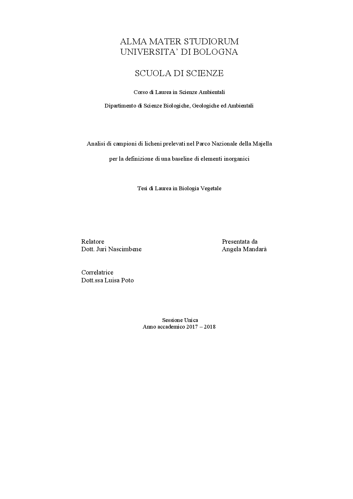 Anteprima della tesi: Analisi di campioni di licheni prelevati nel Parco Nazionale della Majella per la definizione di una baseline di elementi inorganici, Pagina 1
