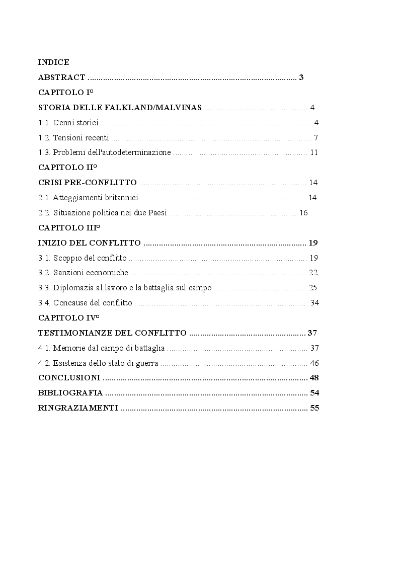 Indice della tesi: Il conflitto delle Falkland/Malvinas, Pagina 1