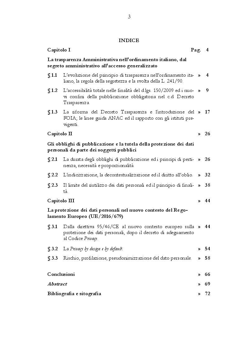 Indice della tesi: Il rapporto tra gli obblighi di pubblicazione e la tutela dei dati personali, Pagina 1