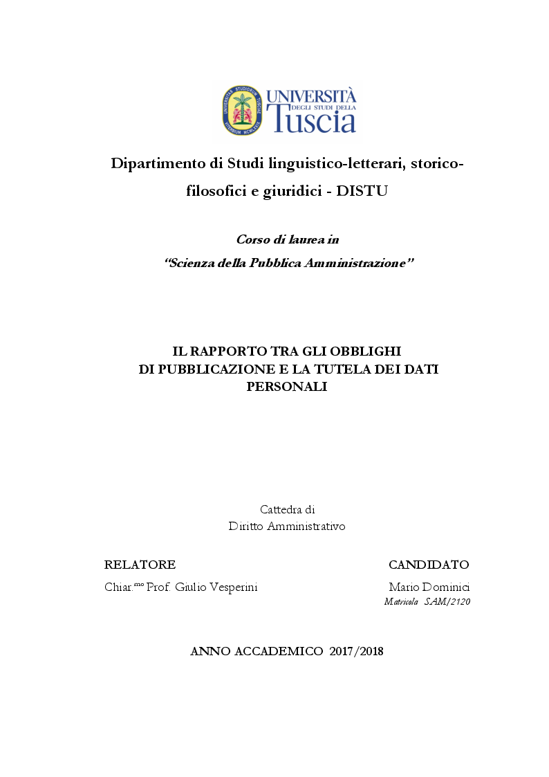 Anteprima della tesi: Il rapporto tra gli obblighi di pubblicazione e la tutela dei dati personali, Pagina 1
