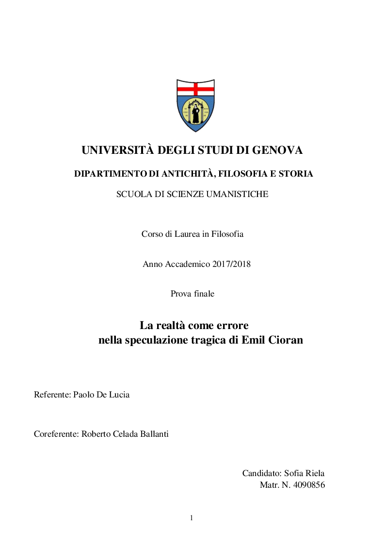 Anteprima della tesi: La realtà come errore nella speculazione tragica di Emil Cioran, Pagina 1