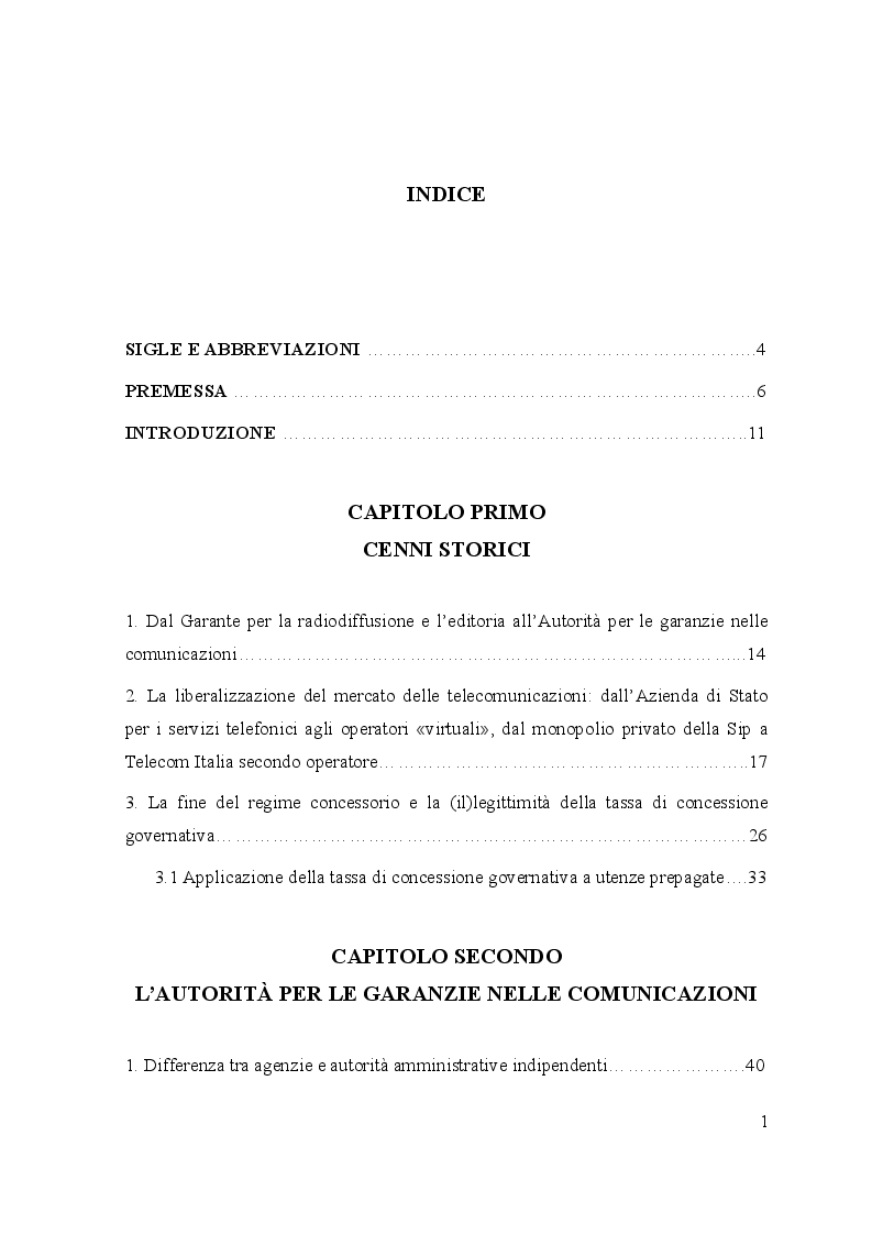 Indice della tesi: Le controversie tra utenti e operatori di comunicazioni elettroniche: il ruolo dell’Autorità per le garanzie nelle comunicazioni e dei comitati regionali per le comunicazioni, Pagina 1