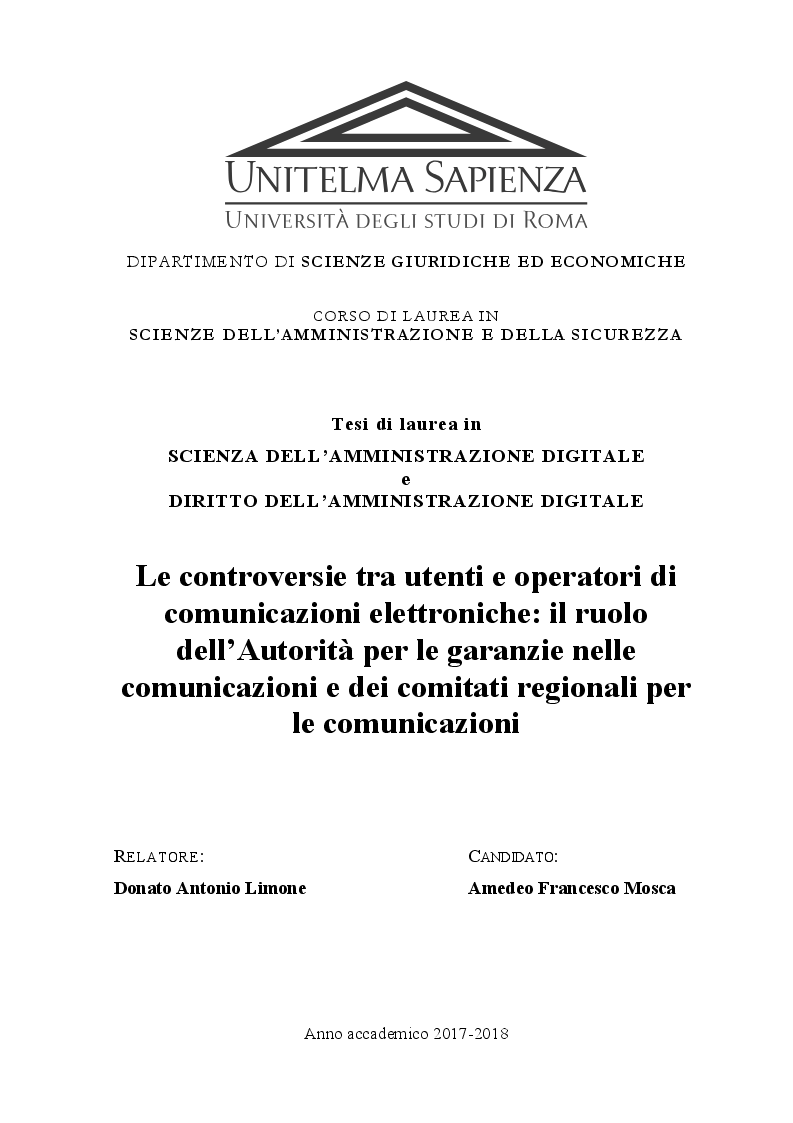Anteprima della tesi: Le controversie tra utenti e operatori di comunicazioni elettroniche: il ruolo dell’Autorità per le garanzie nelle comunicazioni e dei comitati regionali per le comunicazioni, Pagina 1
