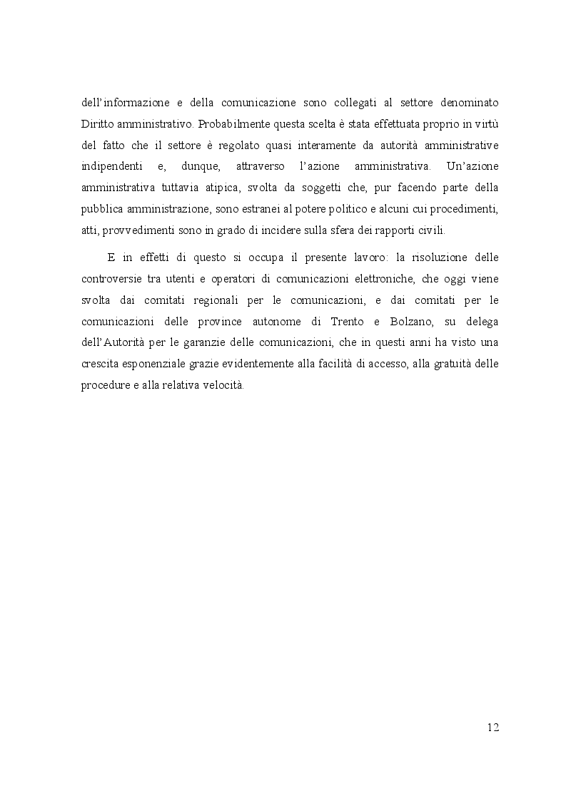Anteprima della tesi: Le controversie tra utenti e operatori di comunicazioni elettroniche: il ruolo dell’Autorità per le garanzie nelle comunicazioni e dei comitati regionali per le comunicazioni, Pagina 8