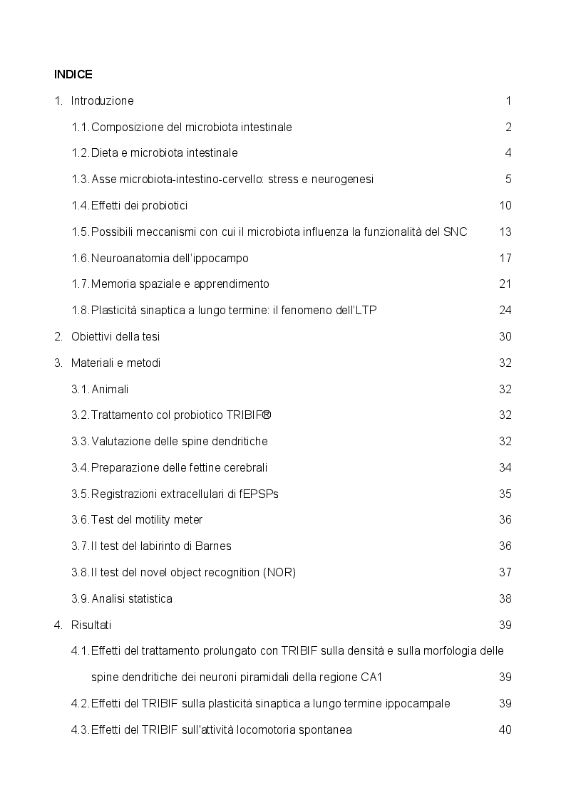 Indice della tesi: L'implementazione del microbiota con TRIBIF® aumenta la plasticità delle sinapsi glutammatergiche ippocampali e migliora le performance cognitive nel ratto, Pagina 1