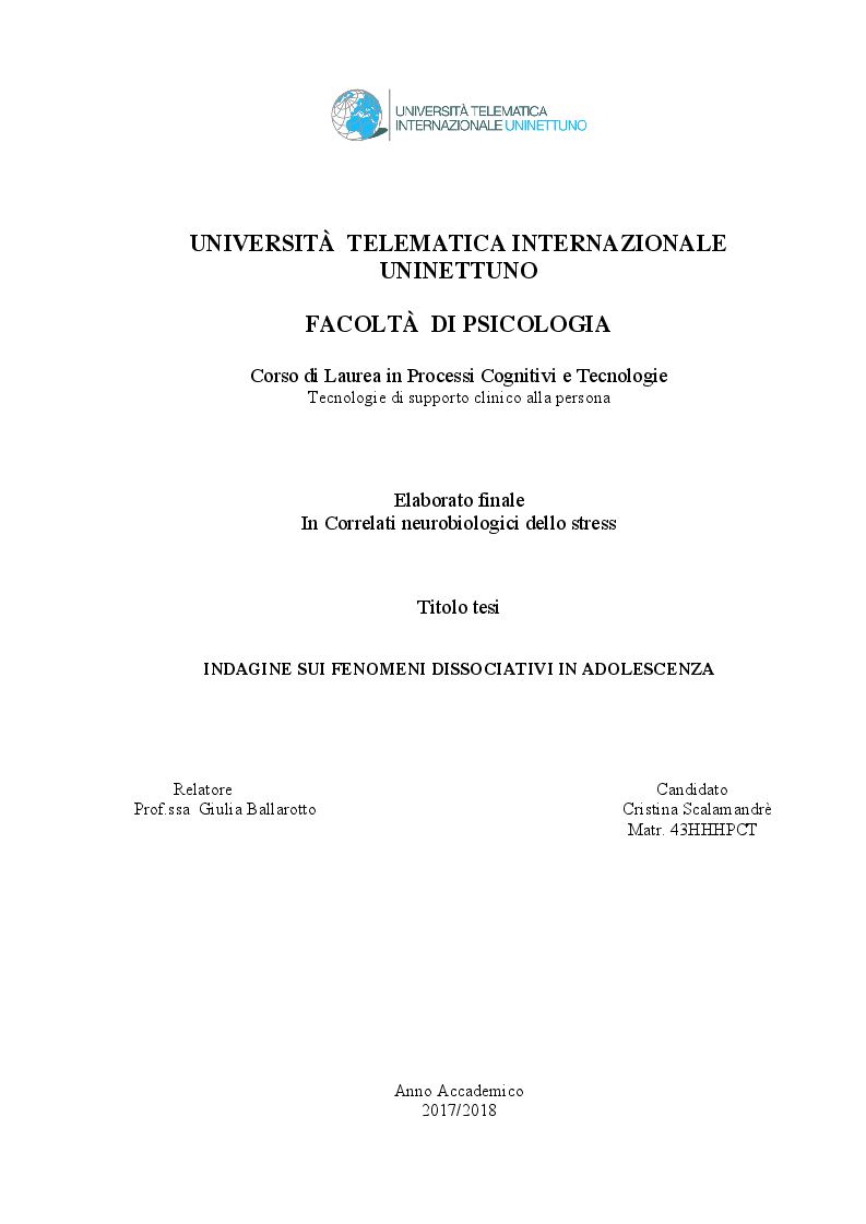Anteprima della tesi: Indagine sui fenomeni dissociativi in adolescenza, Pagina 1
