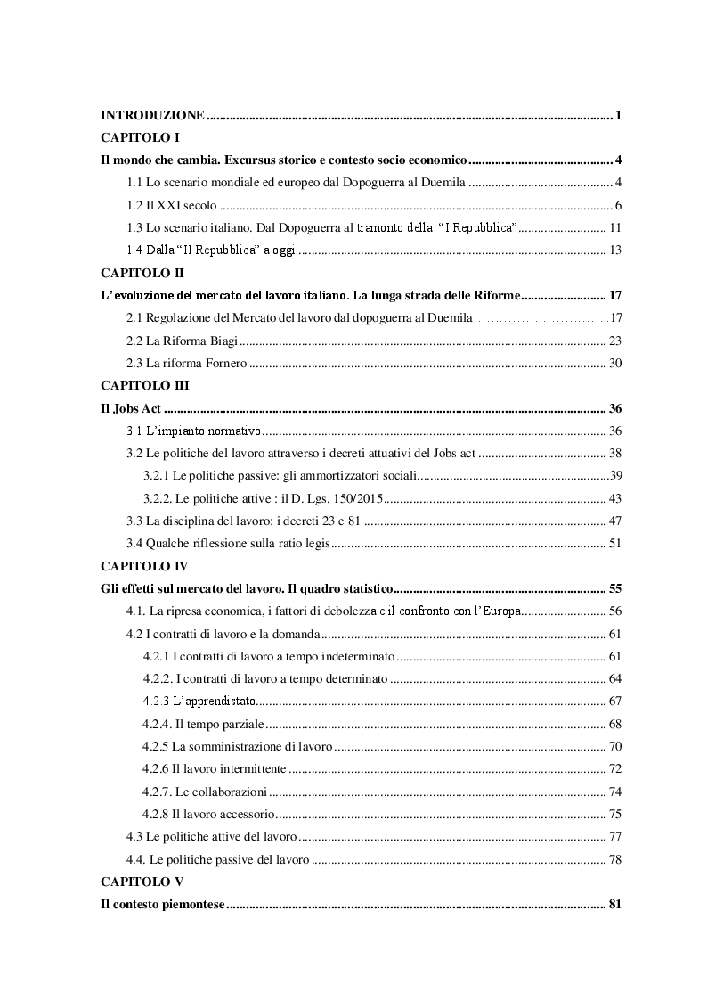 Indice della tesi: Le Politiche del lavoro e il Jobs Act, Pagina 1