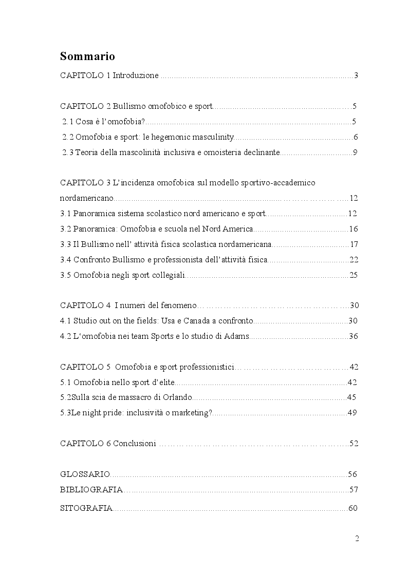Indice della tesi: L’incidenza del bullismo omofobico sul modello sportivo nordamericano, Pagina 1