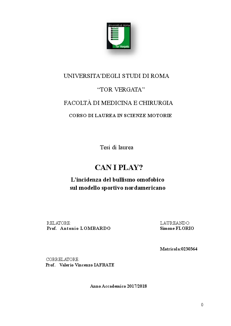 Anteprima della tesi: L’incidenza del bullismo omofobico sul modello sportivo nordamericano, Pagina 1