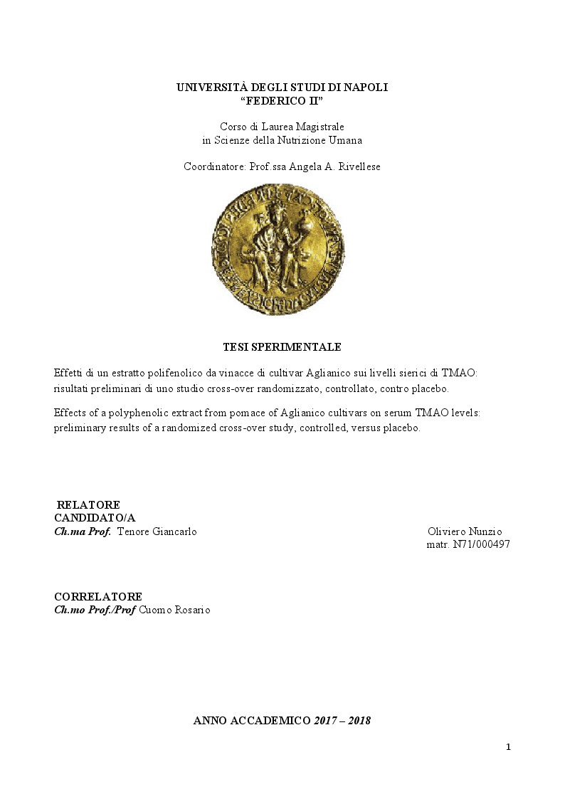 Anteprima della tesi: Effetti di un estratto polifenolico da vinacce di cultivar Aglianico sui livelli sierici di TMAO: risultati preliminari di uno studio cross-over randomizzato, controllato, contro placebo., Pagina 1