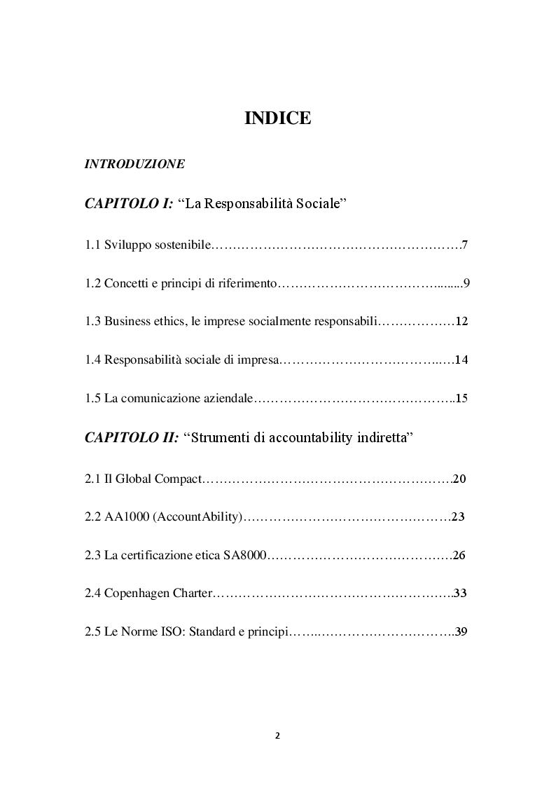 Indice della tesi: Il Bilancio Sociale, etica e responsabilità d'Impresa. Il Caso ARCA, Pagina 1