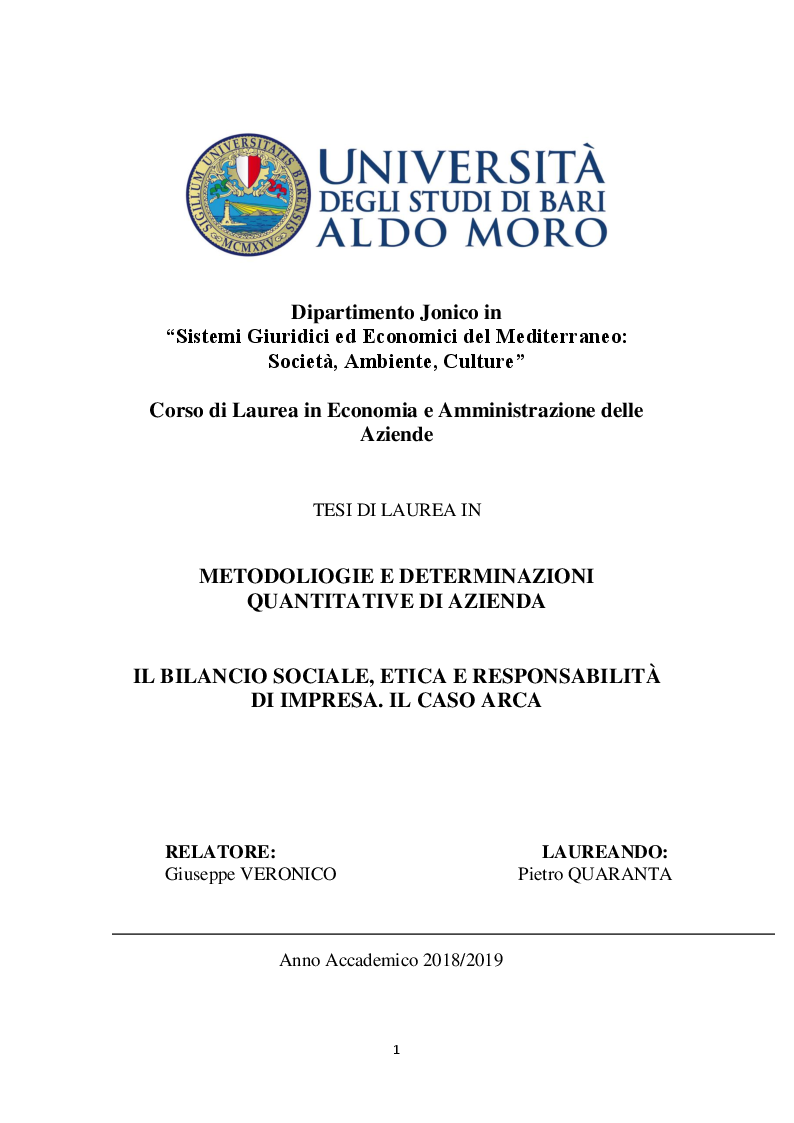 Anteprima della tesi: Il Bilancio Sociale, etica e responsabilità d'Impresa. Il Caso ARCA, Pagina 1