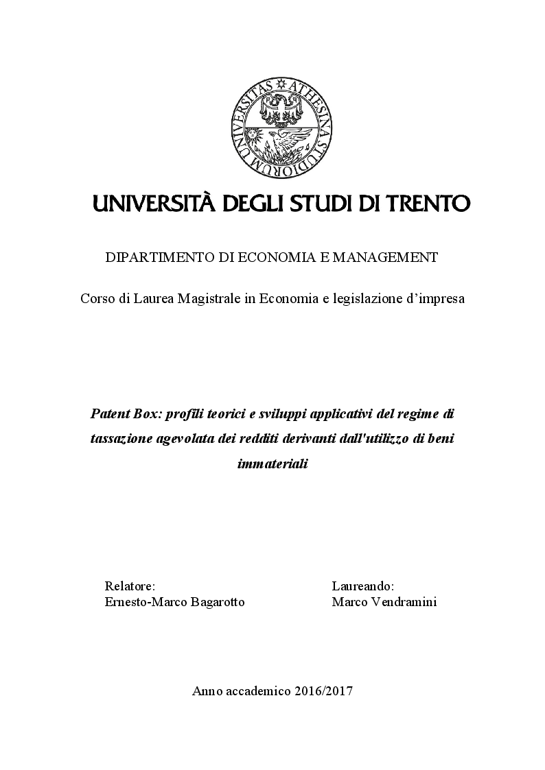 Anteprima della tesi: Patent Box: profili teorici e sviluppi applicativi del regime di tassazione agevolata dei redditi derivanti dall'utilizzo di beni immateriali, Pagina 1