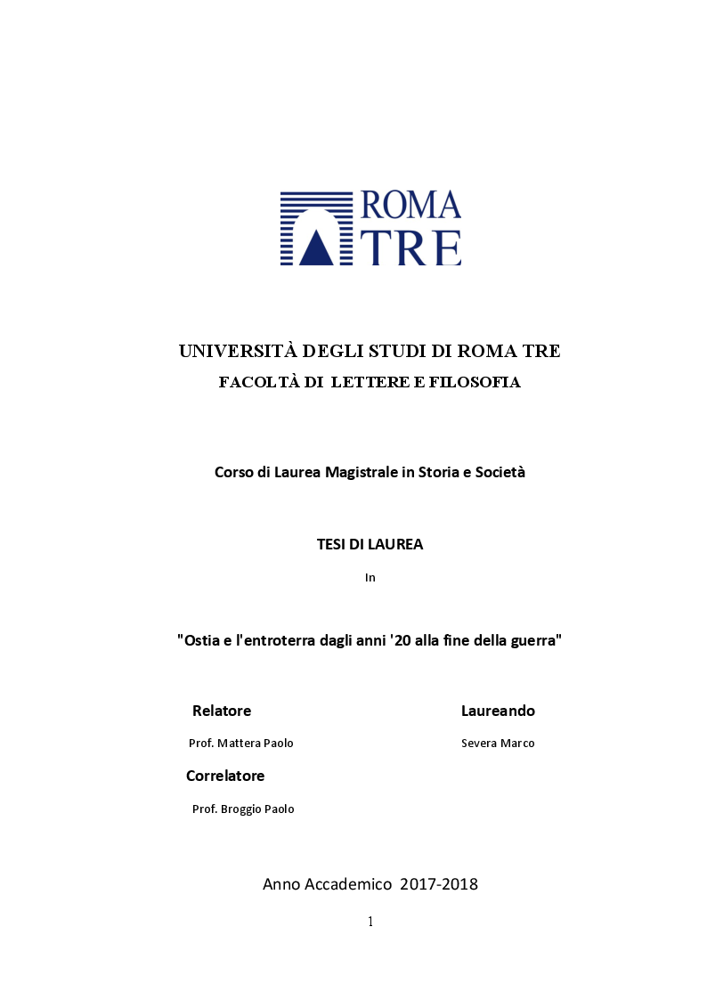 Anteprima della tesi: Ostia e l'entroterra dagli anni '20 alla fine della guerra, Pagina 1
