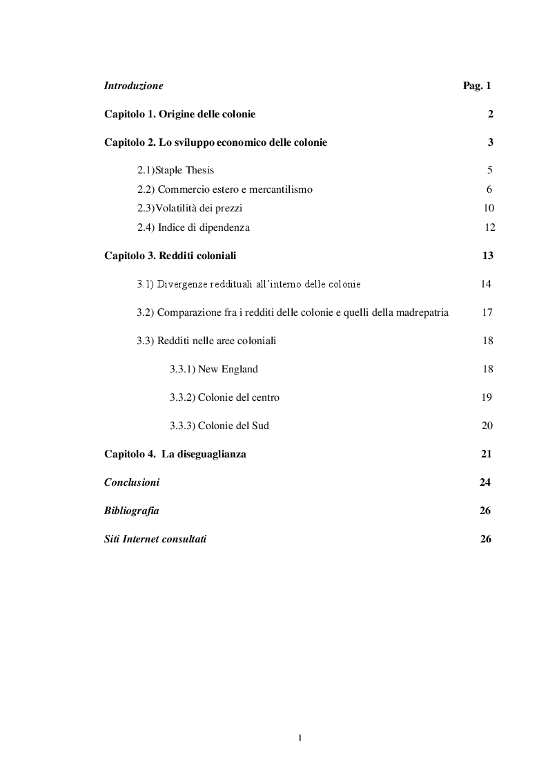 Indice della tesi: La situazione economica delle colonie americane, Pagina 1