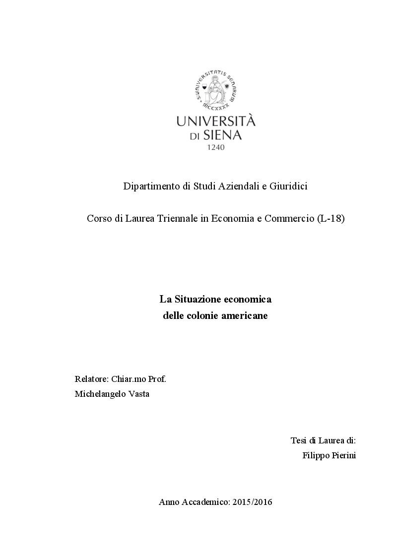 Anteprima della tesi: La situazione economica delle colonie americane, Pagina 1
