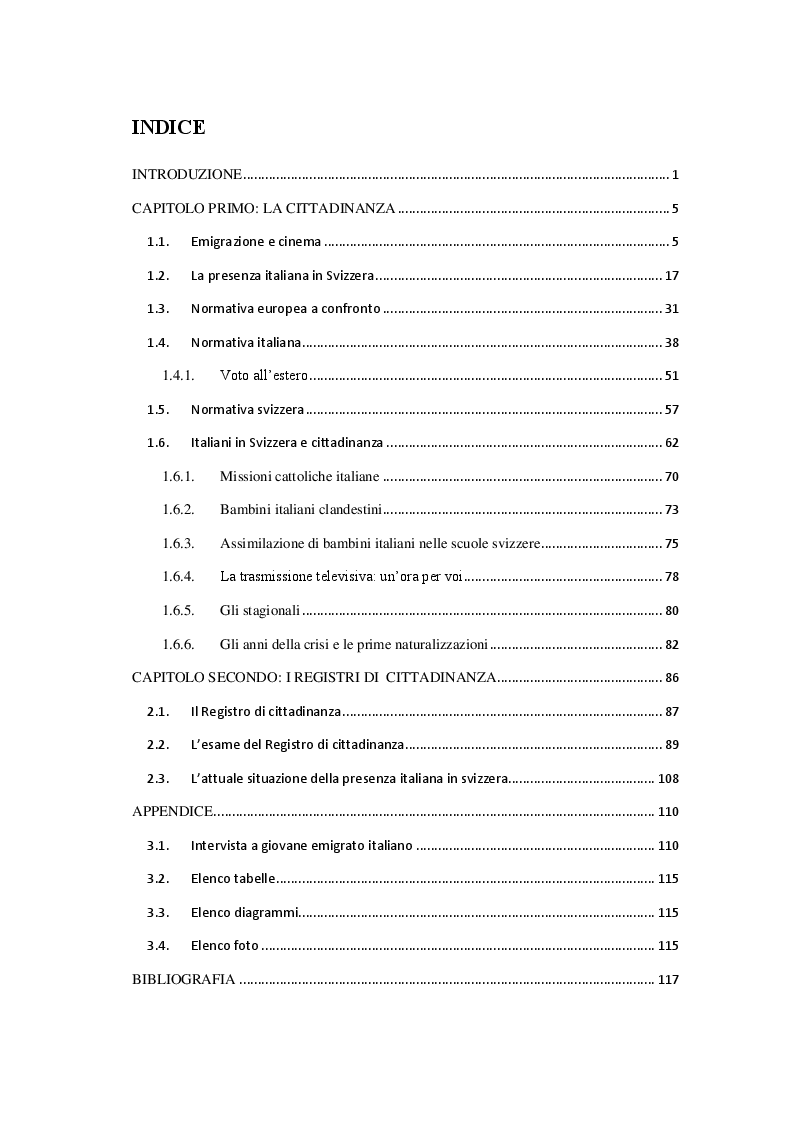 Indice della tesi: Italiana, Svizzera, Italo-svizzera Un'analisi della cittadinanza della comunità di emigranti italiani attraverso i registri di cittadinanza del Consolato Generale d'Italia di Zurigo (1975 - 2015), Pagina 1