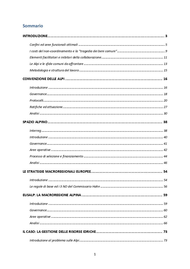 Indice della tesi: La cooperazione transnazionale sulle Alpi. Analisi delle esperienze e futuro sviluppo macroregionale., Pagina 1