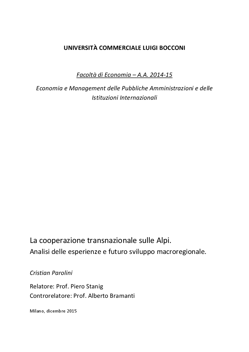 Anteprima della tesi: La cooperazione transnazionale sulle Alpi. Analisi delle esperienze e futuro sviluppo macroregionale., Pagina 1