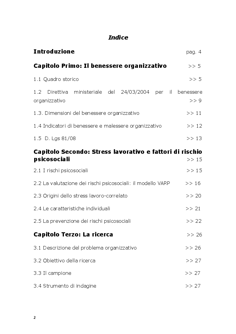 Indice della tesi: Il modello di valutazione dei rischi psicosociali (VARP) come risposta allo stress lavoro-correlato: un caso applicativo, Pagina 1
