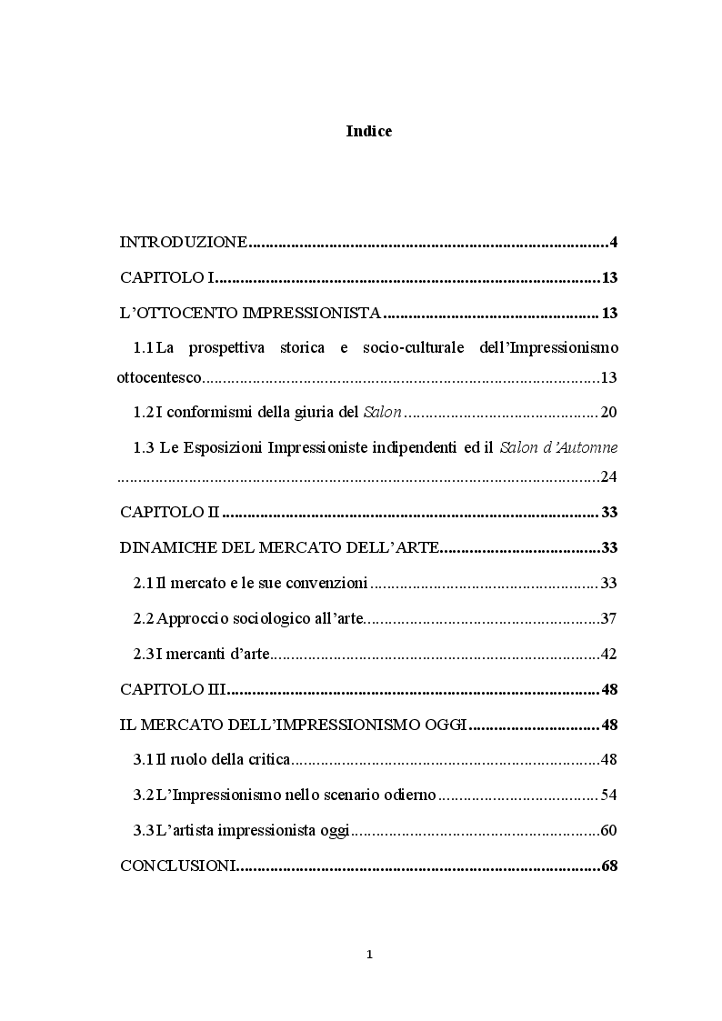 Indice della tesi: La Libertà dalle convenzioni: l'incontro sinergico tra impressionismo e mercato dell'arte, Pagina 1