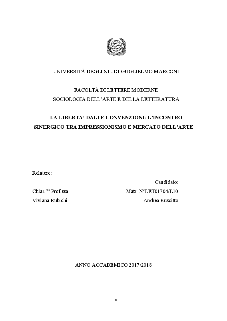 Anteprima della tesi: La Libertà dalle convenzioni: l'incontro sinergico tra impressionismo e mercato dell'arte, Pagina 1