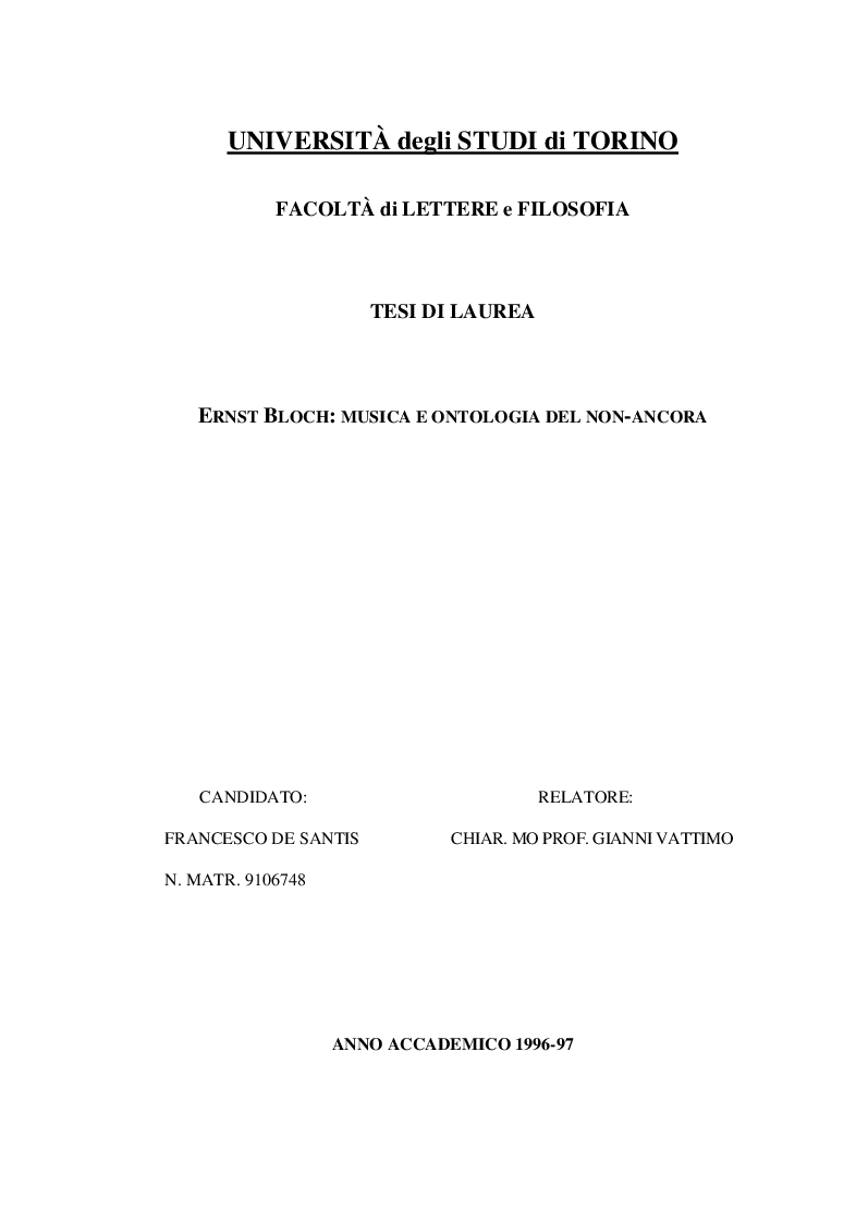 Anteprima della tesi: Ernst Bloch: Musica e Ontologia del non-ancora, Pagina 1