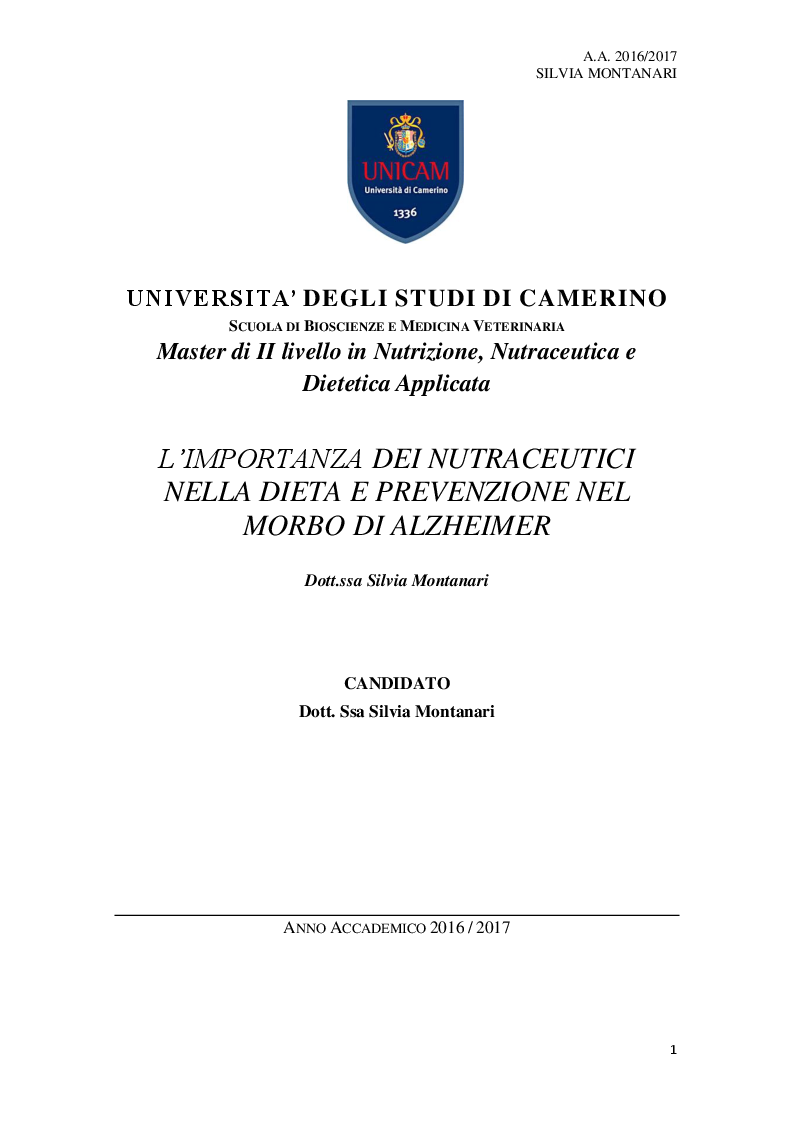 Anteprima della tesi: L'importanza dei nutraceutici nella dieta e prevenzione nel Morbo di Alzheimer, Pagina 1