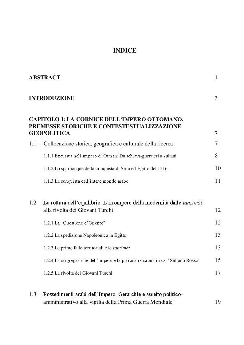Indice della tesi: La Rivista Al-Qibla. La propaganda Hascemita dal Nazionalismo Arabo al patriottismo giordano, Pagina 1