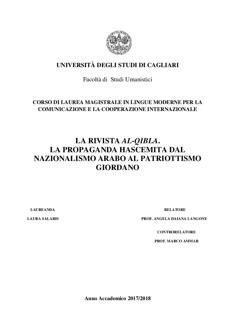 Anteprima della tesi: La Rivista Al-Qibla. La propaganda Hascemita dal Nazionalismo Arabo al patriottismo giordano, Pagina 1