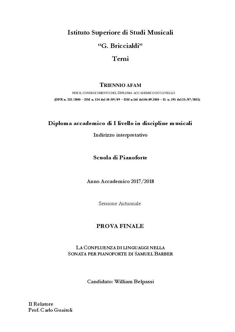 Anteprima della tesi: La confluenza di linguaggi nella Sonata per pianoforte di Samuel Barber, Pagina 1