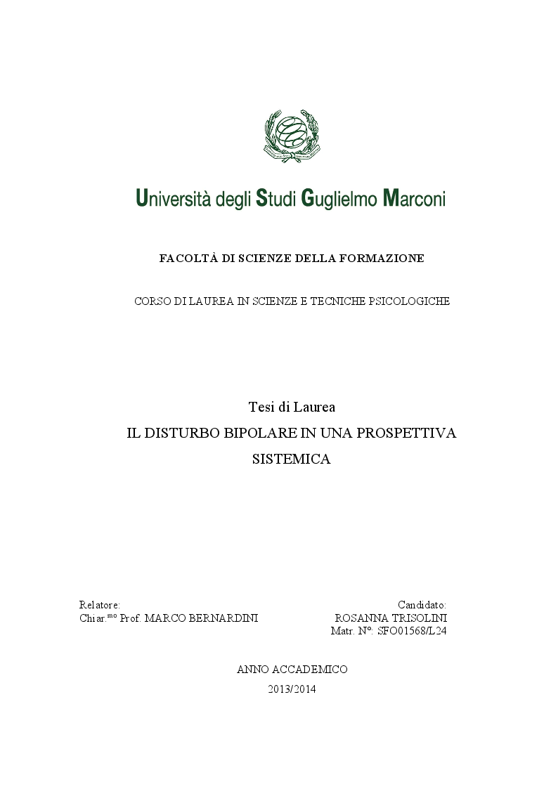 Anteprima della tesi: Il disturbo bipolare in una prospettiva sistemica, Pagina 1