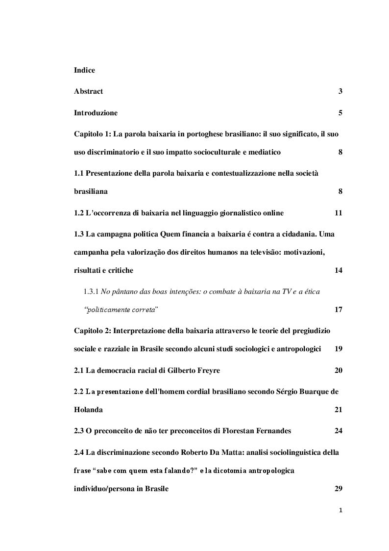 Indice della tesi: La parola ''Baixaria'': tra lingua e società del Brasile, Pagina 1