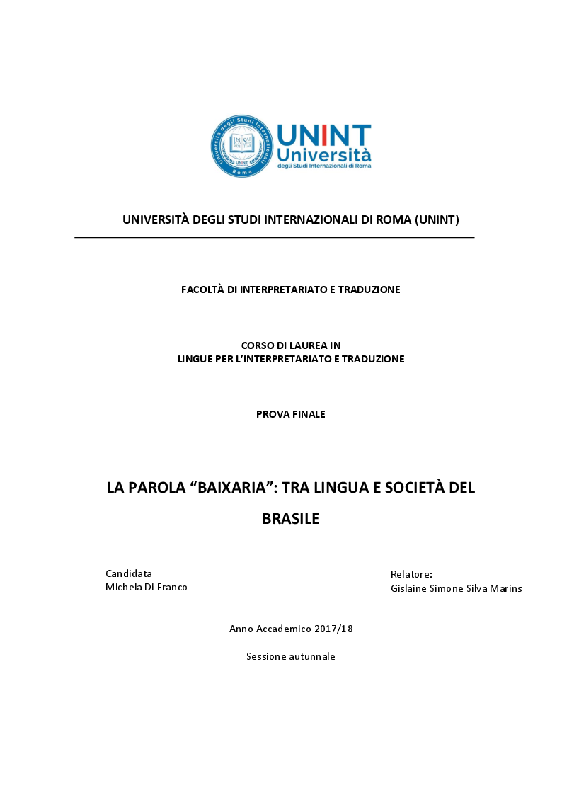 Anteprima della tesi: La parola ''Baixaria'': tra lingua e società del Brasile, Pagina 1