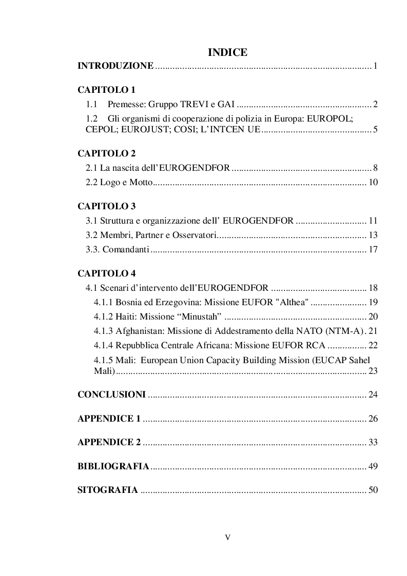 Indice della tesi: La cooperazione di polizia in Europa: il ruolo dell'EUROGENDFOR, Pagina 1