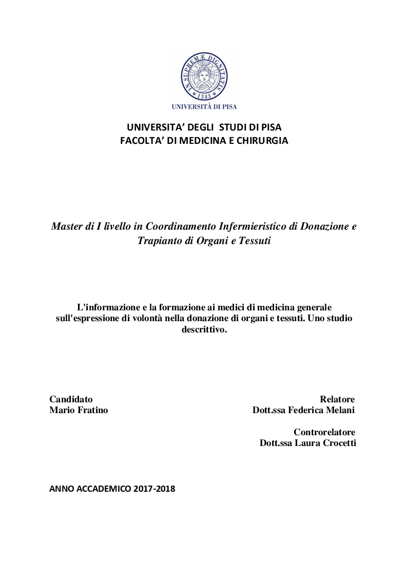 Anteprima della tesi: L'informazione e la formazione ai medici di medicina generale sull'espressione di volontà nella donazione di organi e tessuti. Uno studio descrittivo., Pagina 1
