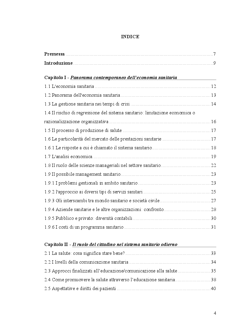 Indice della tesi: Analisi economico-organizzativa nella gestione di un ambulatorio di ortottica, Pagina 1