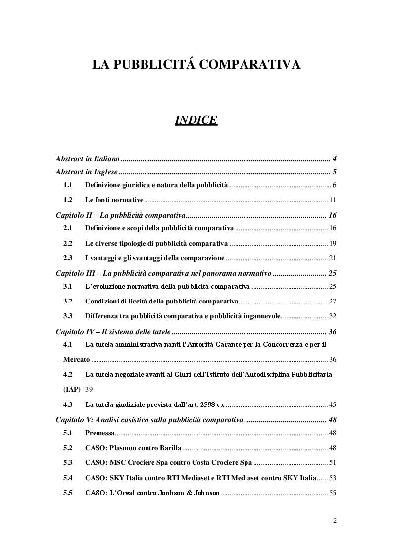 Indice della tesi: La pubblicità comparativa, Pagina 1
