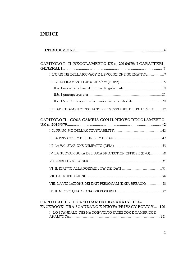 Indice della tesi: Il caso Facebook-Cambridge Analytica e il nuovo Regolamento UE n. 2016/679: la nuova protezione dei dati personali nell'Unione Europea, Pagina 1