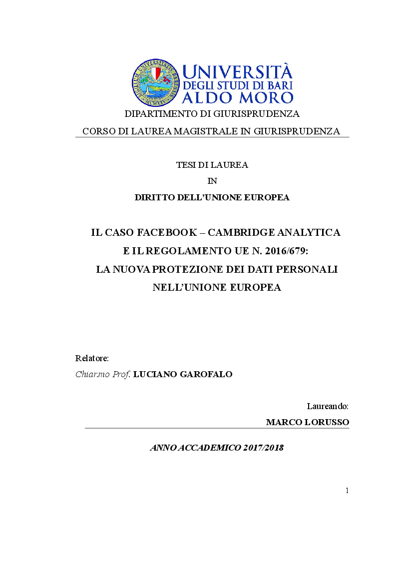 Anteprima della tesi: Il caso Facebook-Cambridge Analytica e il nuovo Regolamento UE n. 2016/679: la nuova protezione dei dati personali nell'Unione Europea, Pagina 1