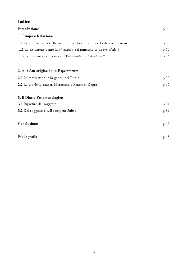 Indice della tesi: Enzo Paci e la Fenomenologia relazionistica: la risposta positiva alla krisis, Pagina 1