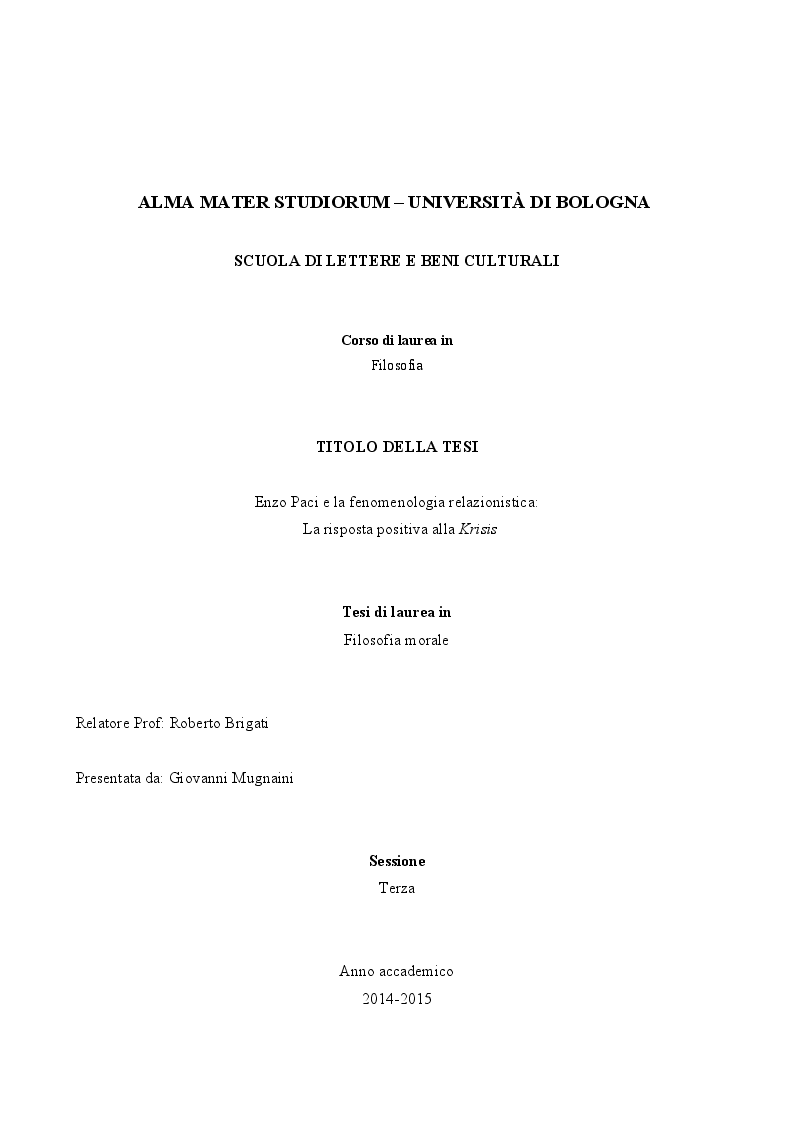 Anteprima della tesi: Enzo Paci e la Fenomenologia relazionistica: la risposta positiva alla krisis, Pagina 1