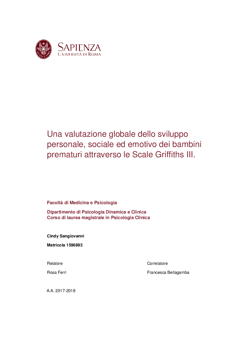 Anteprima della tesi: Una valutazione globale dello sviluppo personale, sociale ed emotivo dei bambini prematuri attraverso le Scale Griffiths III, Pagina 1