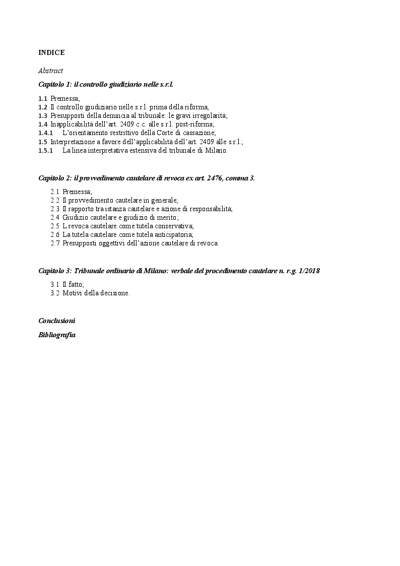 Indice della tesi: Il provvedimento cautelare di revoca dell'amministratore nella s.r.l. e il controllo giudiziario, Pagina 1