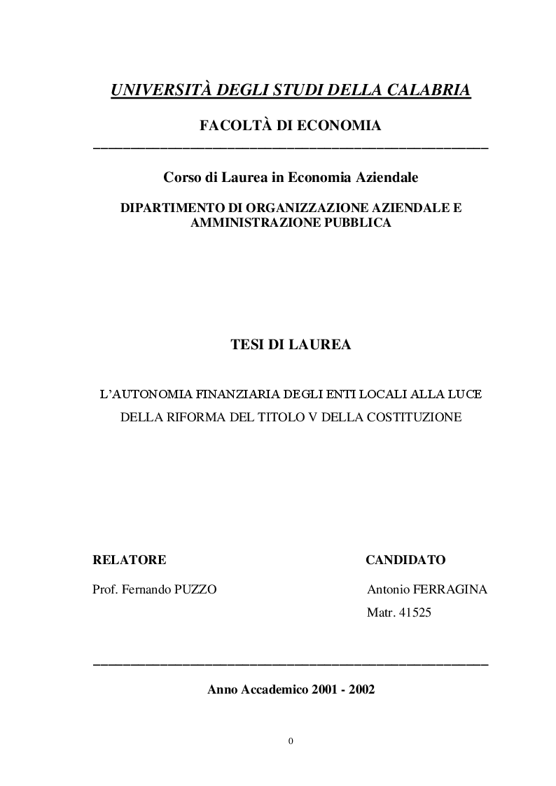 Anteprima della tesi: L'autonomia finanziaria degli Enti Locali alla luce della riforma del titolo V della Costituzione, Pagina 1