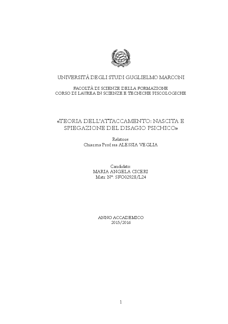 Anteprima della tesi: Teoria dell'attaccamento: nascita e spiegazione del disagio psichico, Pagina 1